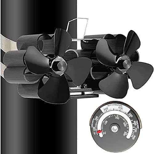 Ventilador de Estufa Doble Cabeza de 8 Palas con Termómetro, SURIEEN Ventilador para Estufa de Leña/Gas/Estufas de Pellets, Respetuoso Con el Medio Ambiente, Circulación de Aire Caliente