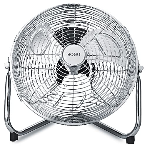 SOGO Ventilador Industrial Power Fan: Silencioso, Potente, de Suelo o Sobremesa, con Aspas de Metal, Acabado Cromado, Inclinable, 3 Velocidades (Ø 30 cm - 55W)